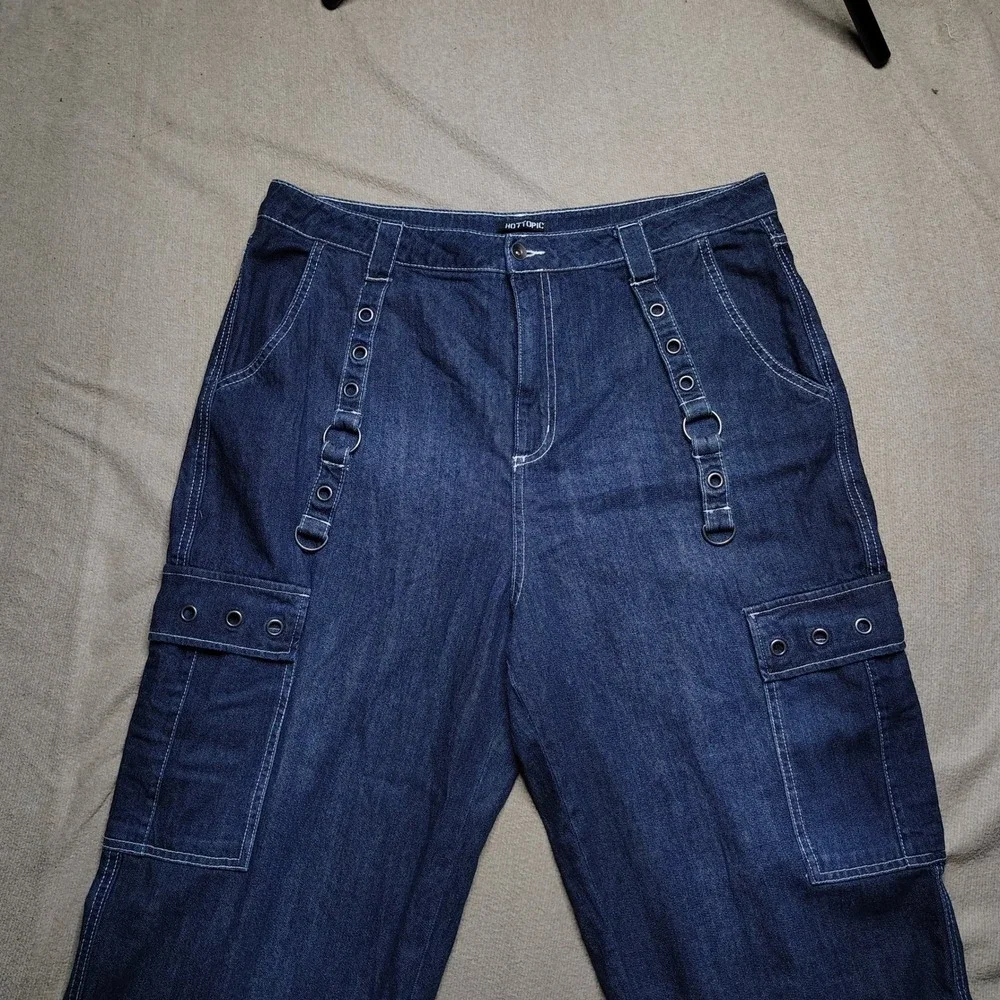 Hot Topic Denim Cutoff Jeans Straps Baggy Cargo Y2K Emo Goth Grunge Dark Blue 19
